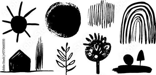 Minimalist abstract child art with black and white doodles for creative design