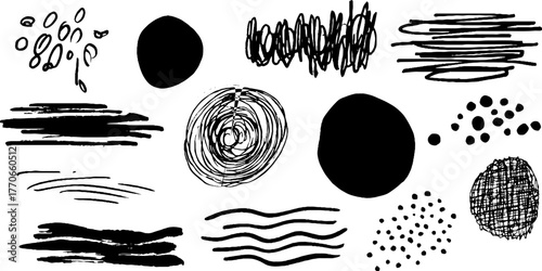 Minimalist abstract black and white doodles set for creative design projects