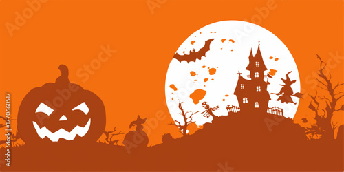 Spooky halloween silhouette with a carved pumpkin haunted castle and full moon on an orange background