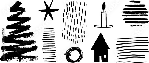 Minimalist abstract black and white christmas doodles set for holiday design