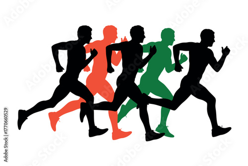 Silhouettes of runners in a dynamic race, showcasing motion and competition.