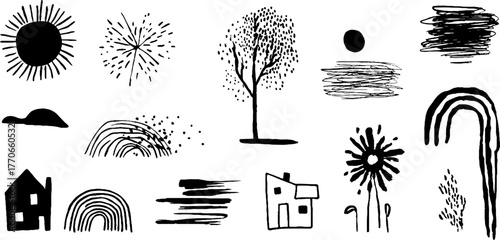 Minimalist abstract child art doodles set featuring black and white elements for creative design