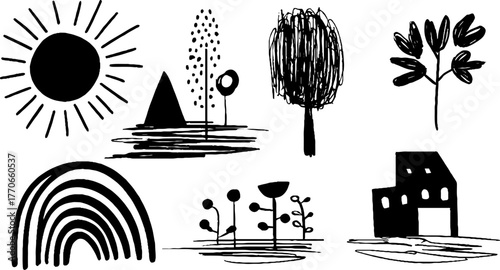 Minimalist abstract black and white child art doodles