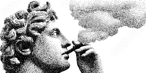 Ancient bust smoking scene in halftone style illustration for creative design