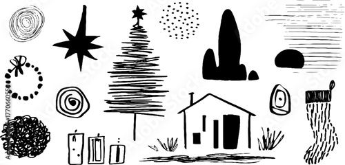 Minimalist black and white christmas doodles with holiday symbols for festive designs