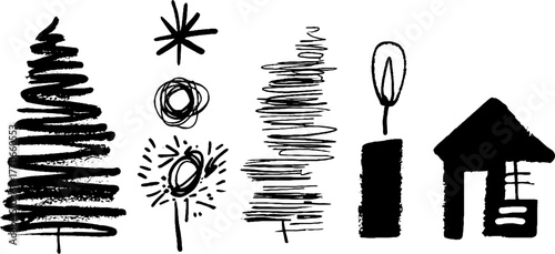 Minimalist abstract christmas doodles in black and white for holiday designs