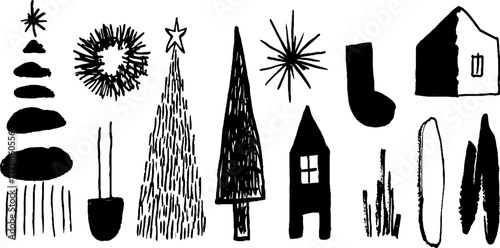 Minimalist abstract christmas doodles in black and white for holiday design