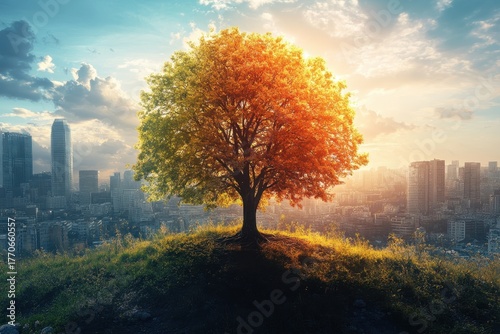A vibrant autumn tree stands alone on a hill overlooking a city skyline during sunset