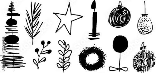 Minimalist abstract doodles of christmas elements in black and white ink for creative designs