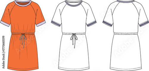 Short sleeve dress flat sketch, drawstring waist fashion CAD drawing, apparel design template, vector illustration, front back view, garment construction detail