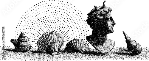 Ancient bust and shells in black and white dotwork design for vintage decor
