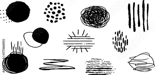 Minimalist abstract black and white doodles set for design and art projects
