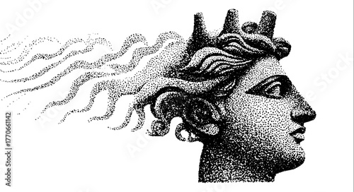 Ancient bust with flowing hair in black and white dotwork illustration