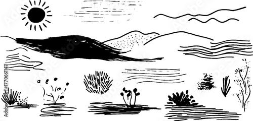 Minimalist abstract black and white doodles of desert landscapes for design and decor