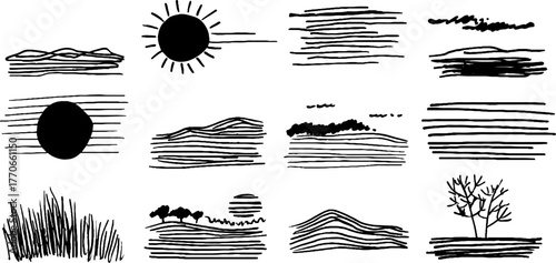 Minimalist abstract black and white doodles of desert landscapes for creative design