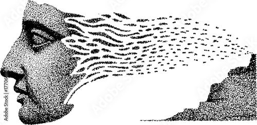 Wind-swept ancient bust in black and white stipple design for art prints