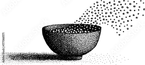 Black and white stipple illustration of ancient ceramic bowl with dotwork design