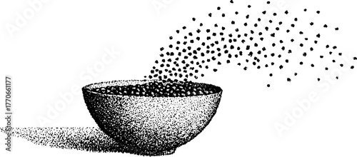 Vintage black and white illustration of ancient ceramic bowl with stipple effect for art and design