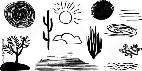 Minimalist abstract doodles of desert scenes in black and white for art design