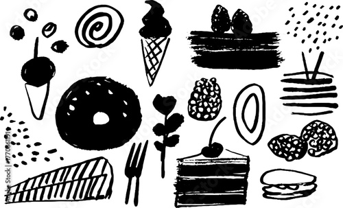 Minimalist abstract black and white doodles of desserts for design and decoration