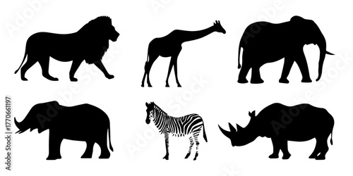 Collection of iconic african wildlife silhouettes including lion elephant giraffe zebra and rhinoceros