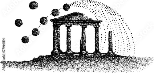 Vintage dotwork illustration of ancient ruins with columns and dotted gradation effect