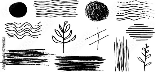 Minimalist black and white abstract doodle set with dotted lines for creative design projects