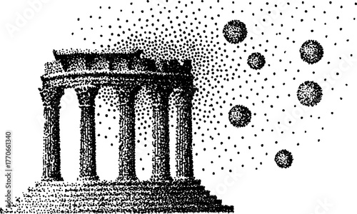 Ancient column in stipple technique with dotwork design elements
