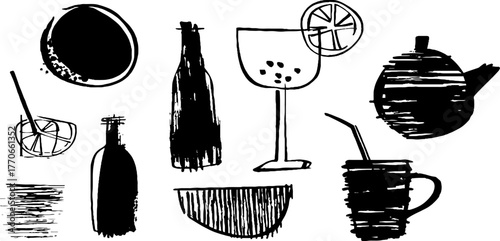 Minimalist abstract doodles of drinks and tableware in black and white for artistic design