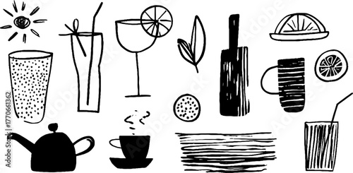 Minimalist black and white doodle set of drink sketches for creative design projects
