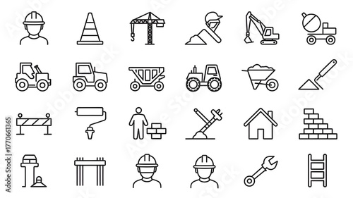 Collection of construction industry icons and symbols in a simple line art style