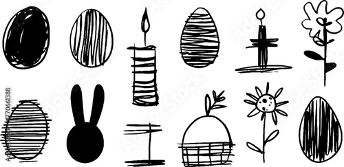 Minimalist abstract easter doodles set featuring eggs, bunny, flowers, and candle designs