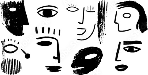 Minimalist abstract black and white doodles depicting various emotions for modern design projects