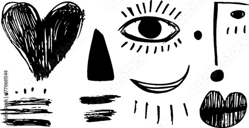 Minimalist abstract emotion doodles in black and white for creative design