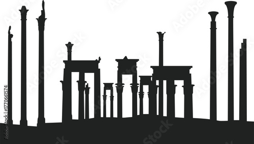 Ancient architectural ruins silhouette with classical columns, historic temple gateway, Greco-Roman heritage, archaeological landmark vector illustration for education