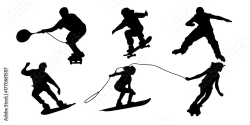 Collection of silhouettes of people performing various extreme sports and activities