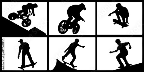Dynamic silhouettes of extreme sports athletes performing tricks on bikes and skateboards