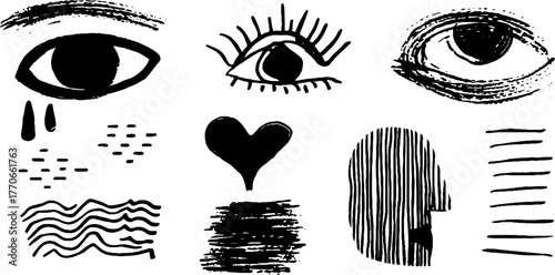 Minimalist abstract emotional doodles in black and white for creative design