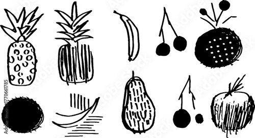 Minimalist abstract black and white doodles of exotic fruits
