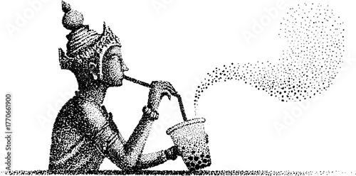 Ancient figure enjoying bubble tea in black and white dotwork illustration