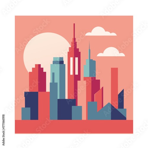 Stylized cityscape with tall buildings and a large sun
