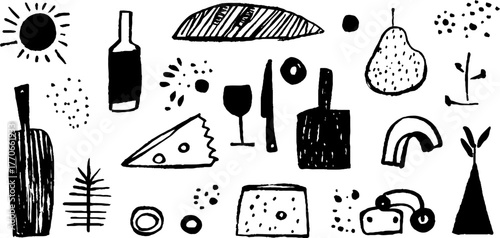 Minimalist abstract black and white doodles of farmhouse elements for creative design