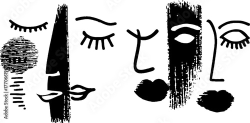 Minimalist abstract doodles of female faces in black and white for creative design projects
