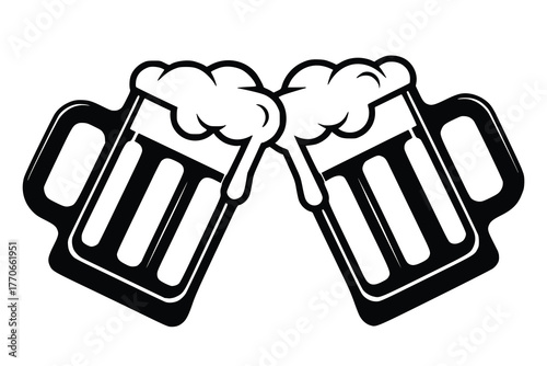 Two cheers beer mugs clinking together with foam overflowing festive celebration graphic isolated on white background