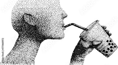 Ancient figure enjoying bubble tea in black and white dotwork – retro design for creative use