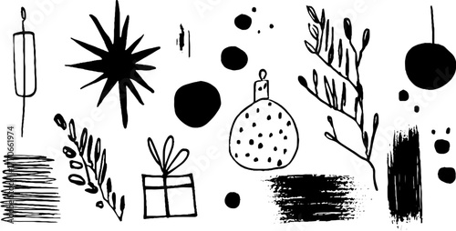 Minimalist abstract festive doodles for holiday design in black and white