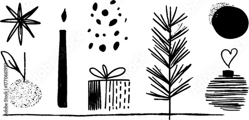 Minimalist festive abstract black and white doodles for holiday design