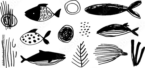 Minimalist abstract black and white fish doodles for creative design