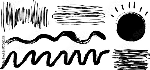 Minimalist black and white doodles set for creative design projects and art displays