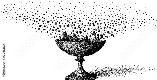 Vintage black and white illustration of an ancient goblet with decorative dots and patterns